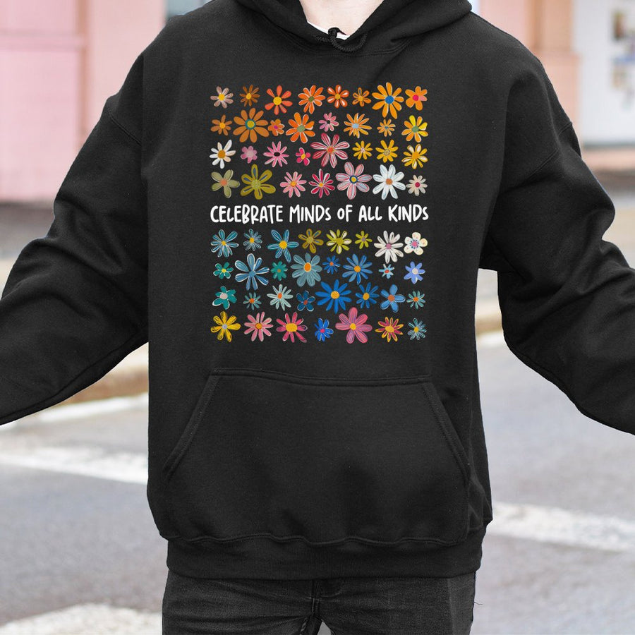 Celebrate Minds Of All Kinds Hoodie | Floral Neurodiversity Awareness Print | Premium Cotton Blend | Gift For Autism ADHD Acceptance Supporters