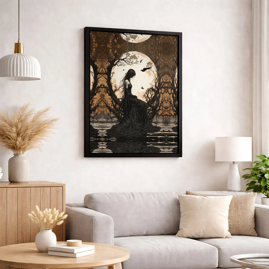 Gothic Woman Canvas Wall Art | Dark Forest Full Moon Silhouette | Premium 1.25-Inch Thick Gallery Wrap | Eerie Witchy Home Decor Gift