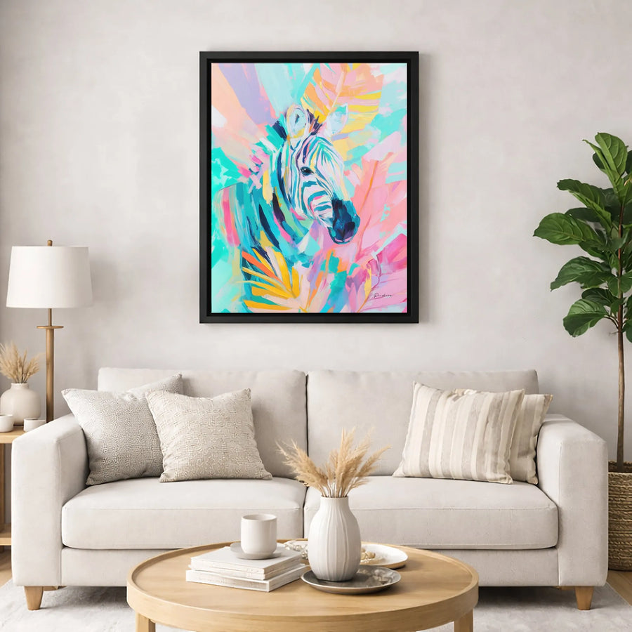Abstract Zebra Canvas Art | Vibrant Tropical Leaf Print | Premium Gallery-Wrapped 1.25" Profile | Modern Animal Wall Decor for Living Room