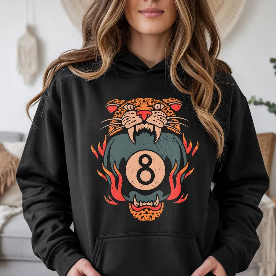 Vintage Tiger 8 Ball Hoodie | Flaming 8 Ball Tattoo Art | Premium Cotton Graphic Tee | Gift for Rock and Roll Fan
