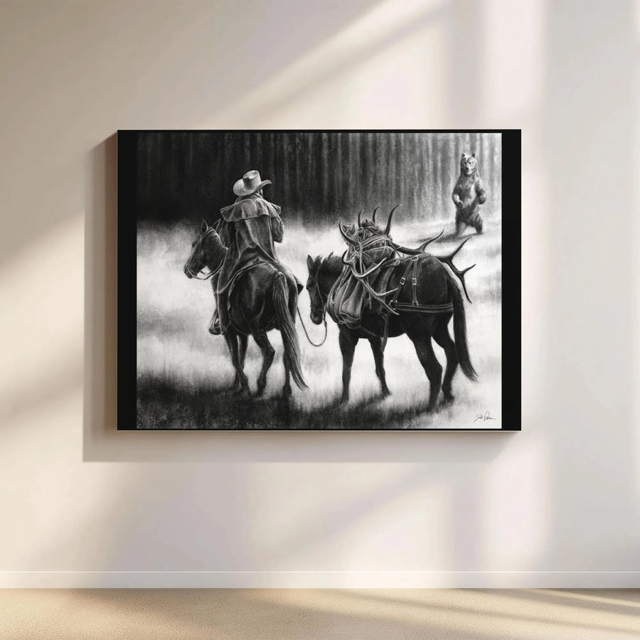 Western Grizzly Bear Canvas Print | Cowboy and Pack Mule Wildlife Art | Premium Gallery Wrap Wall Decor | Rustic Lodge Home Gift