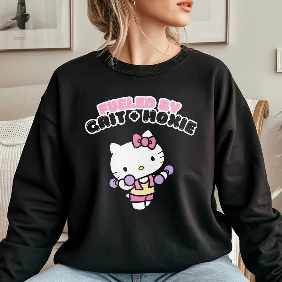 Cute Cat Workout Sweatshirt | Fueled by Grit + Moxie Graphic | Premium Unisex Crewneck | Gift for Gym Lover