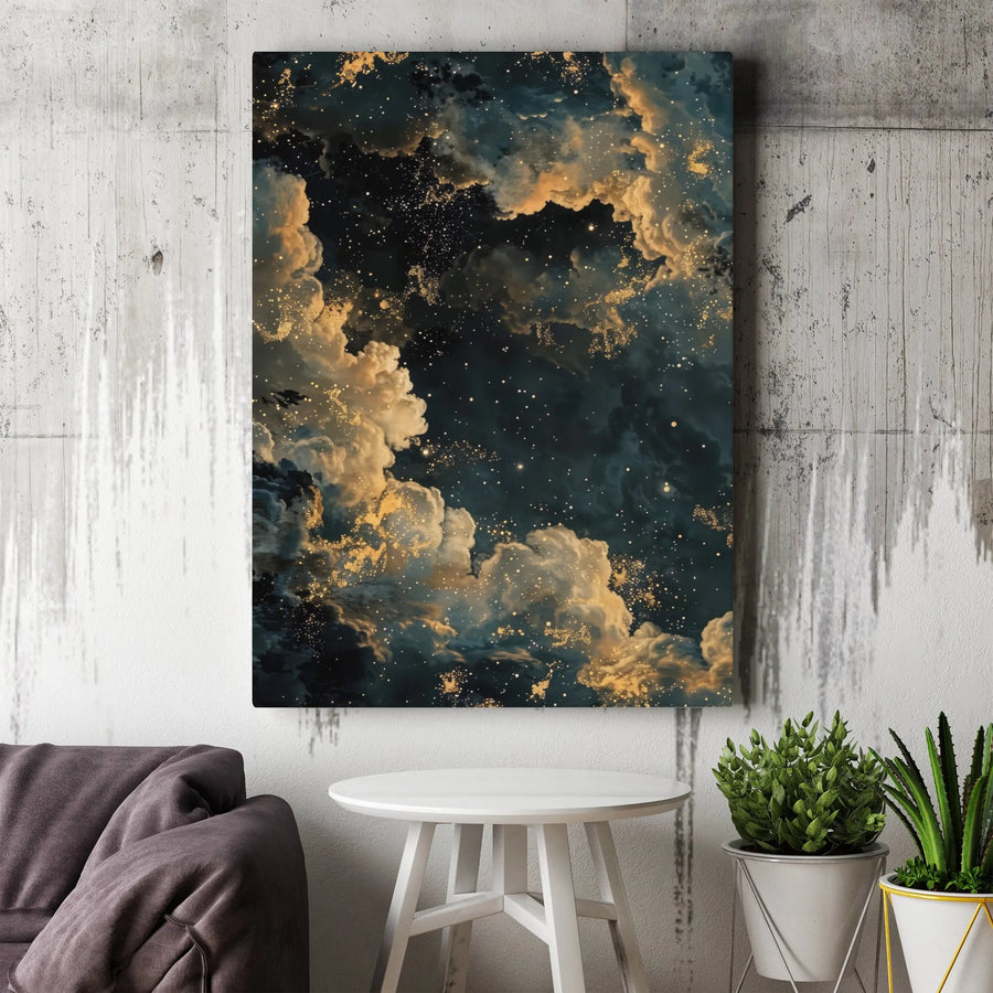 Gold Celestial Night Sky Canvas | Abstract Dreamy Cloud Wall Art | Premium Gallery Wrap Decor | Modern Home Office Statement Piece