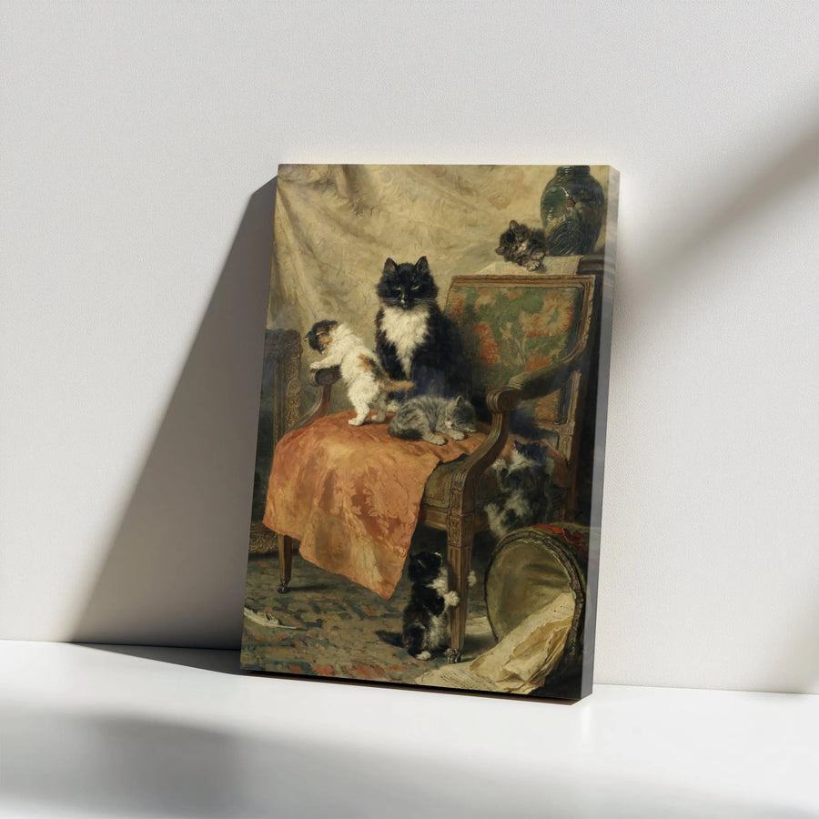 Vintage Cat Painting Canvas | Victorian Mother Cat with Kittens Print | Premium Gallery Wrap Wall Art | Dark Academia Home Decor Gift for Cat Lovers