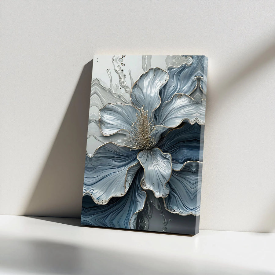 Blue Liquid Flower Vertical Canvas | Abstract 3D Visual Floral Art with Gold Accents | Premium 1.25" Gallery Wrap | Elegant Living Room Wall Decor Gift
