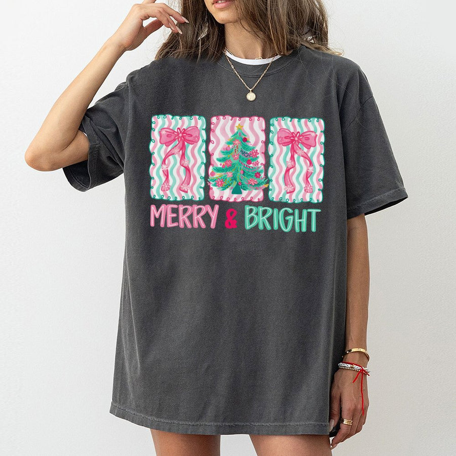 Merry & Bright Christmas T-Shirt | Pastel Tree And Bows Graphic | Premium 100% Cotton | Cute Holiday Gift For Women