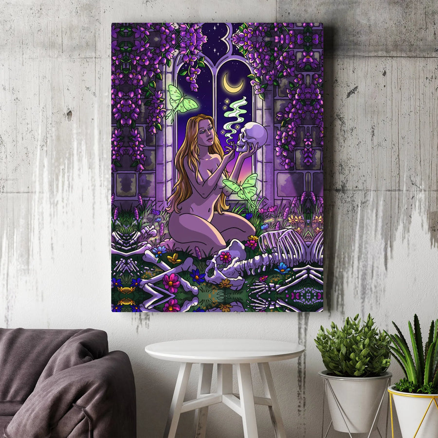 Gothic Skull Canvas Print | Woman with Smoking Skull & Luna Moth Art | Premium Canvas Wall Decor | Dark Fantasy Gift for Goth Home Decor