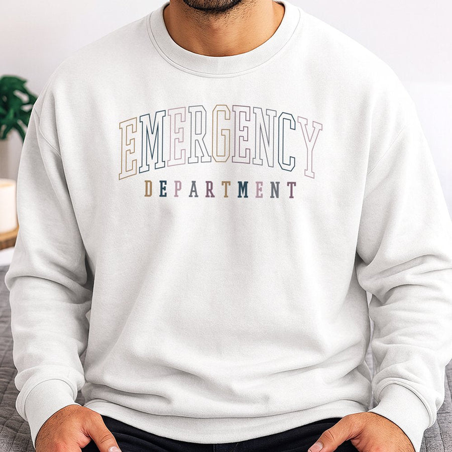 Emergency Department Sweatshirt | Retro Varsity Lettering Graphic | Soft Cotton Blend | Nurse Gift for ER Staff and Nursing Students