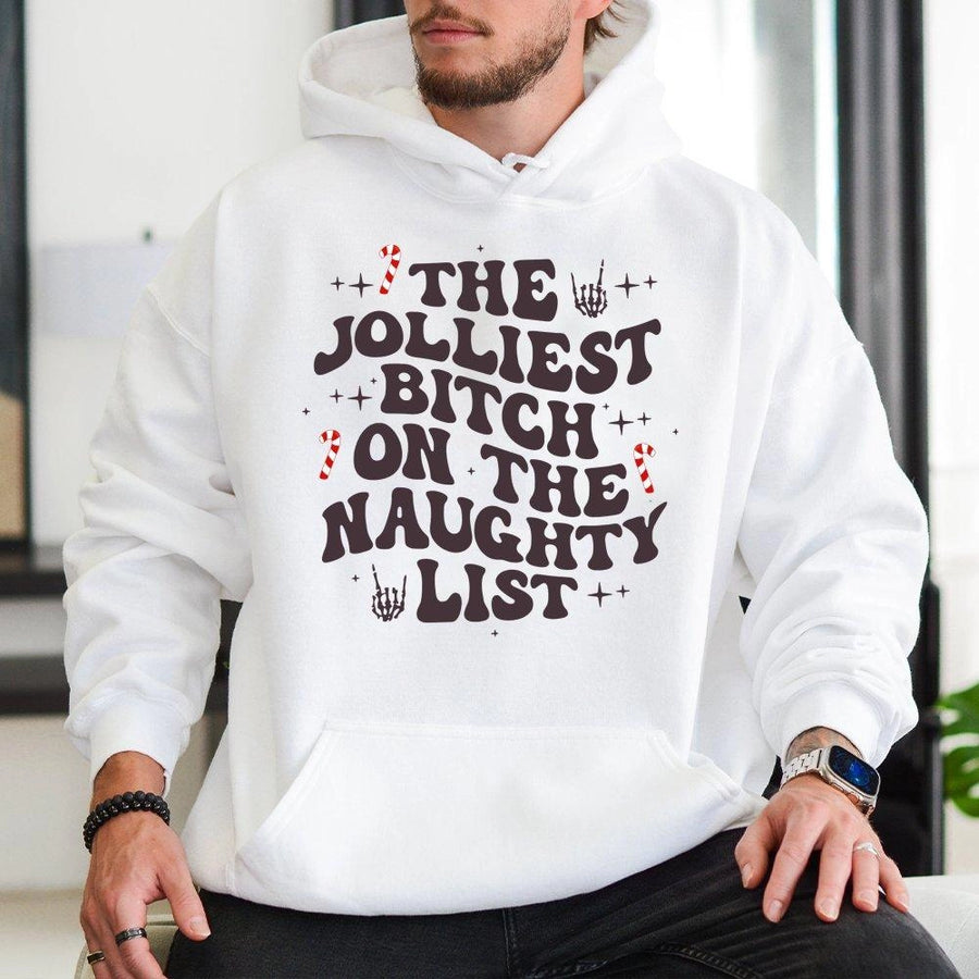 The Jolliest Bitch On The Naughty List Hoodie | Funny Christmas Retro Graphic Sweatshirt | Premium Cotton Blend | Gift For Women & Sarcastic Holiday Lovers