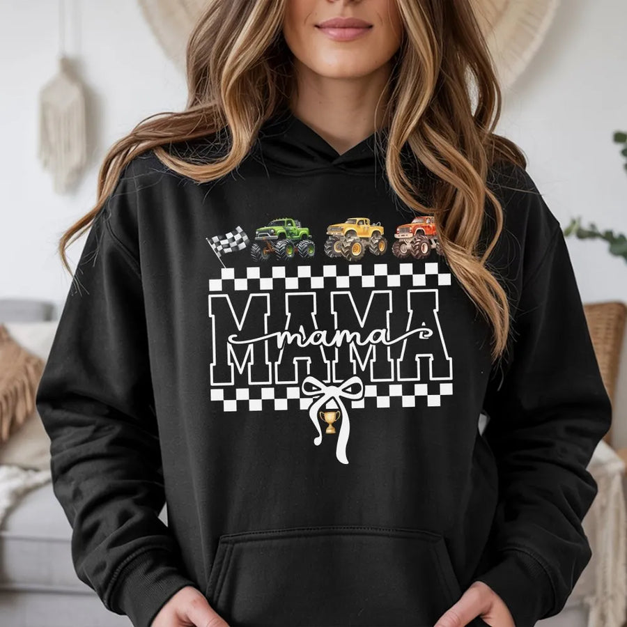 Monster Truck Mama Hoodie | Checkered Racing Flag Graphic | Premium Cotton Blend | Gift For Racing Mom Boy Mom Birthday Apparel