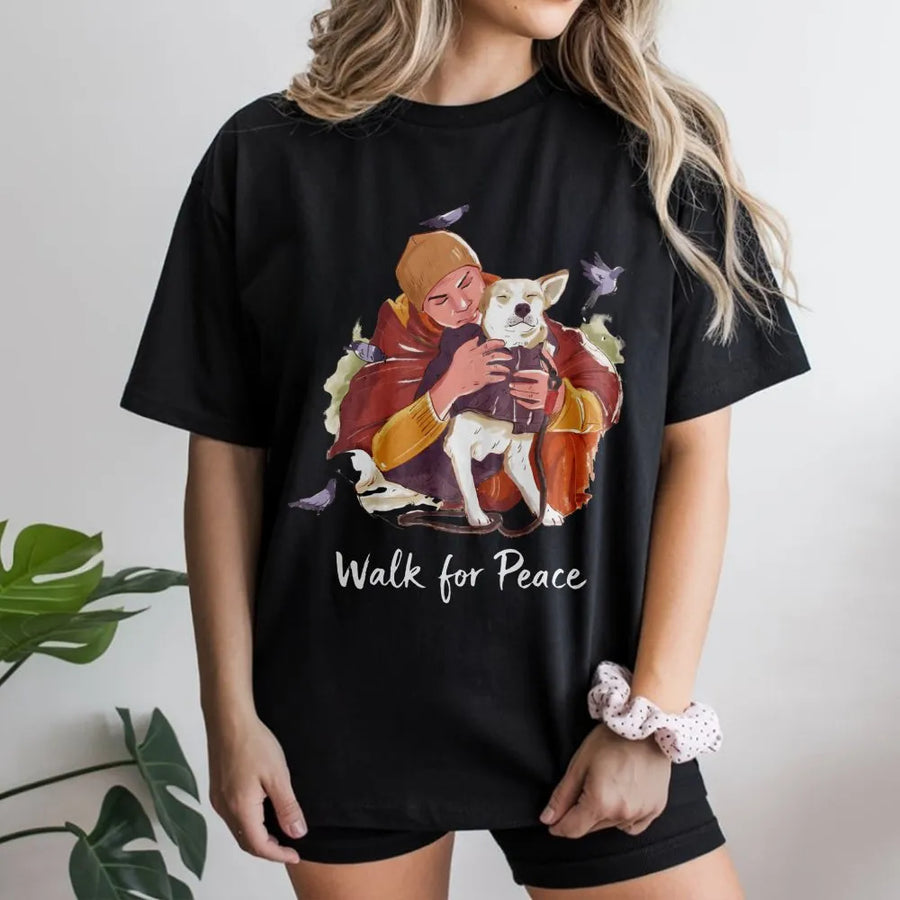 Walk for Peace T-Shirt | Dog Lover Hugging Illustration | Soft Premium Cotton Tee | Meaningful Zen Gift for Animal Owners