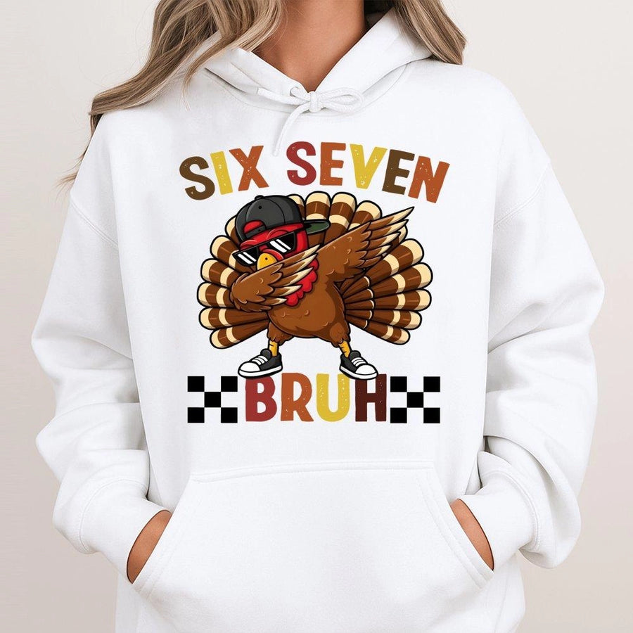 Dabbing Turkey Thanksgiving Hoodie | Funny Six Seven Bruh Meme Design | Premium Cotton Blend Pullover | Cute Fall Holiday Gift for Kids and Teens