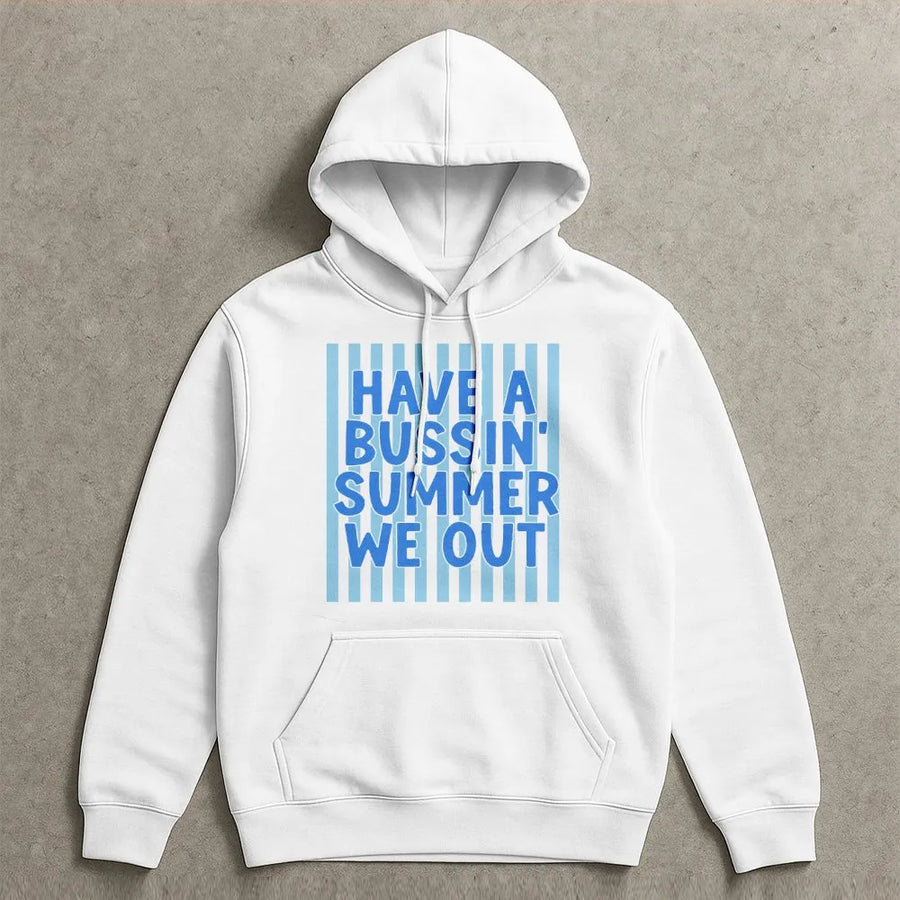 Bussin Summer Hoodie | Funny Gen Z Slang We Out Quote Pullover | Premium Cotton-Blend | Last Day of School Gift for Teens