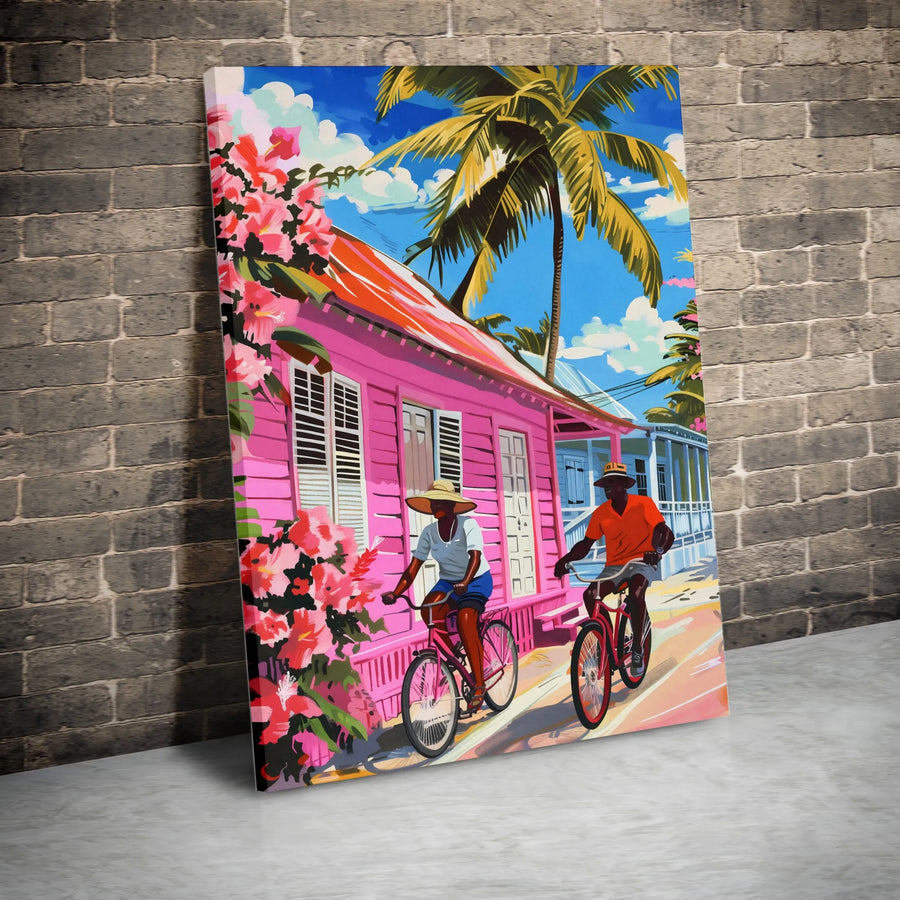 Caribbean Wall Art Vertical Canvas | Vibrant Pink House & Island Cyclists | Premium Gallery Wrapped Canvas | Tropical Living Room Decor Gift