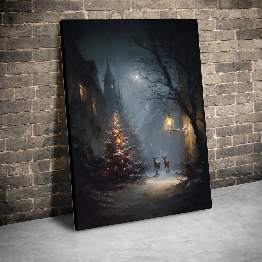 Winter Christmas Canvas Wall Art | Snowy Forest Deer & Streetlamp Decor | Premium 1.25-Inch Gallery Wrap | Festive Holiday Home Gift