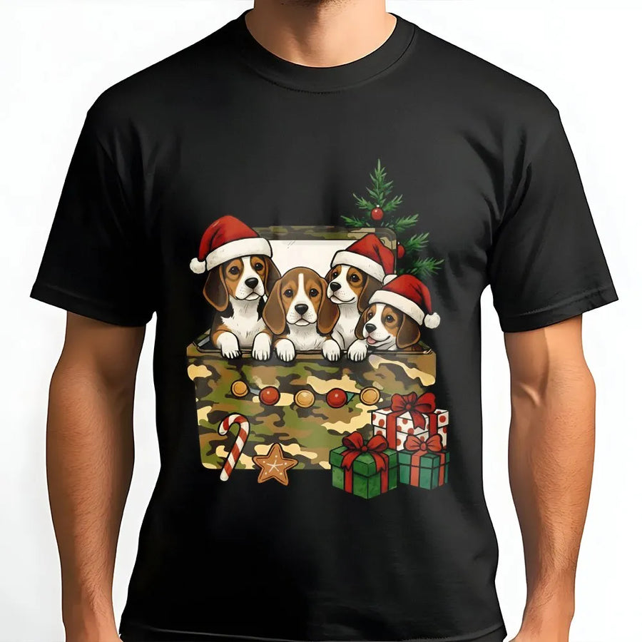 Beagle Christmas T-Shirt | Cute Puppies in Camo Gift Box | Premium Soft Cotton | Funny Dog Lover Holiday Gift