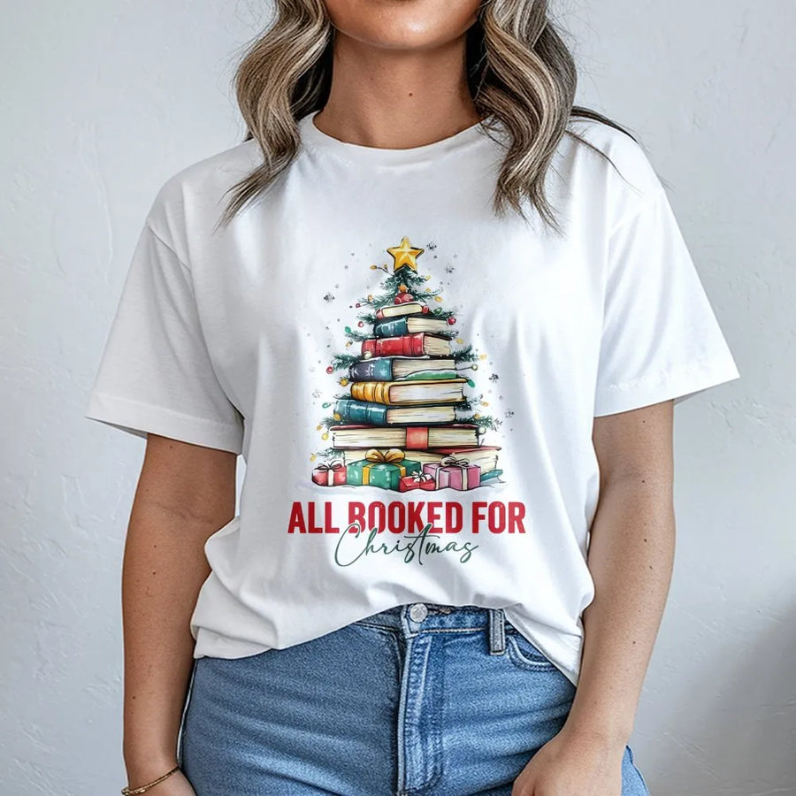 All Booked For Christmas T-Shirt | Book Stack Tree Graphic Design | Premium Cotton Unisex Apparel | Librarian Gift for Book Lovers Readers