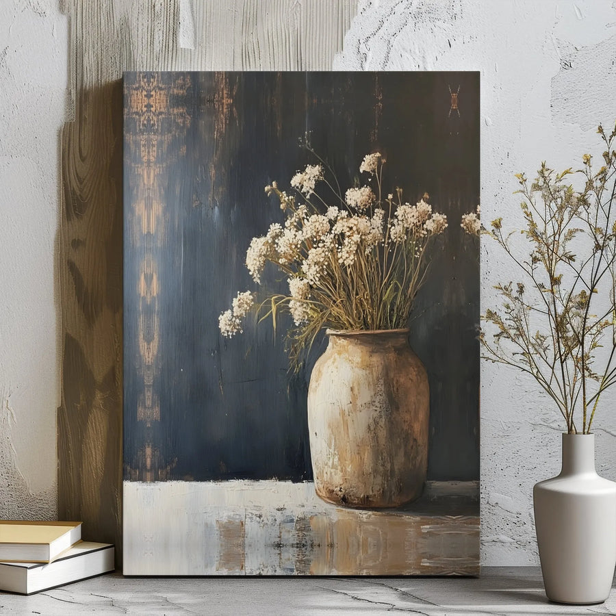 Rustic Still Life Canvas Wall Art | White Wildflowers In Clay Vase | Premium Gallery Wrap Print | Farmhouse Home Decor Gift