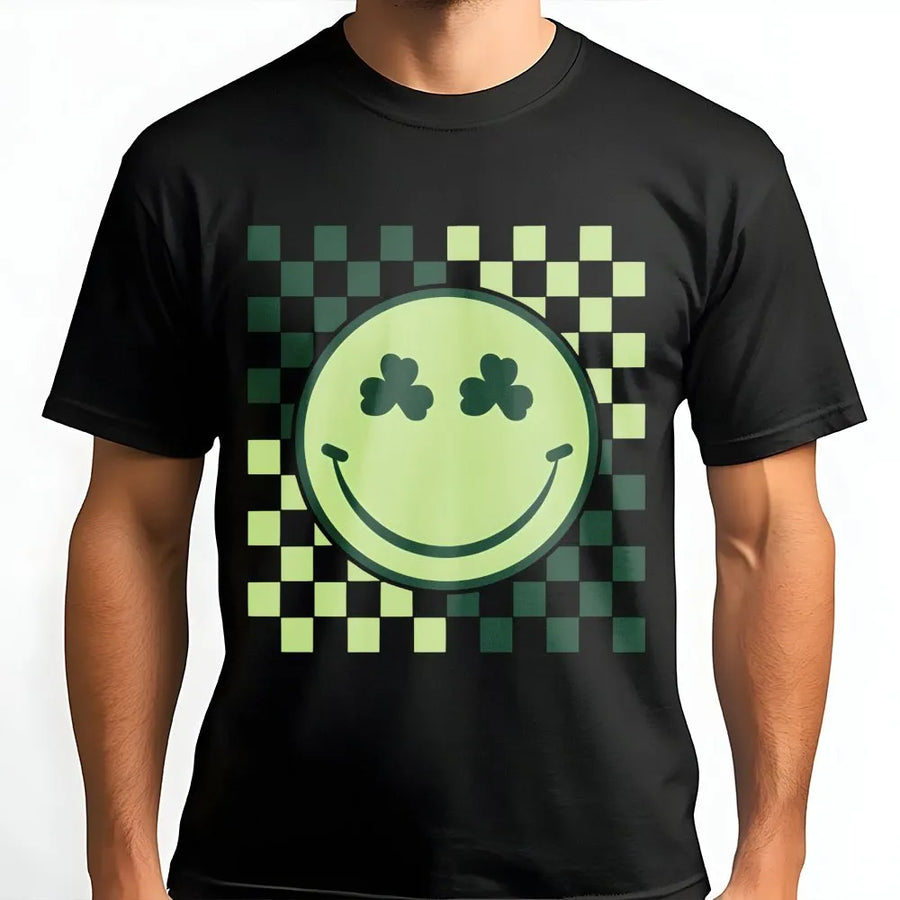 St. Patrick's Day Smiley Face T-Shirt | Retro Checkered Shamrock Design | Premium Soft Cotton Tee | Cute Irish Holiday Gift for Women
