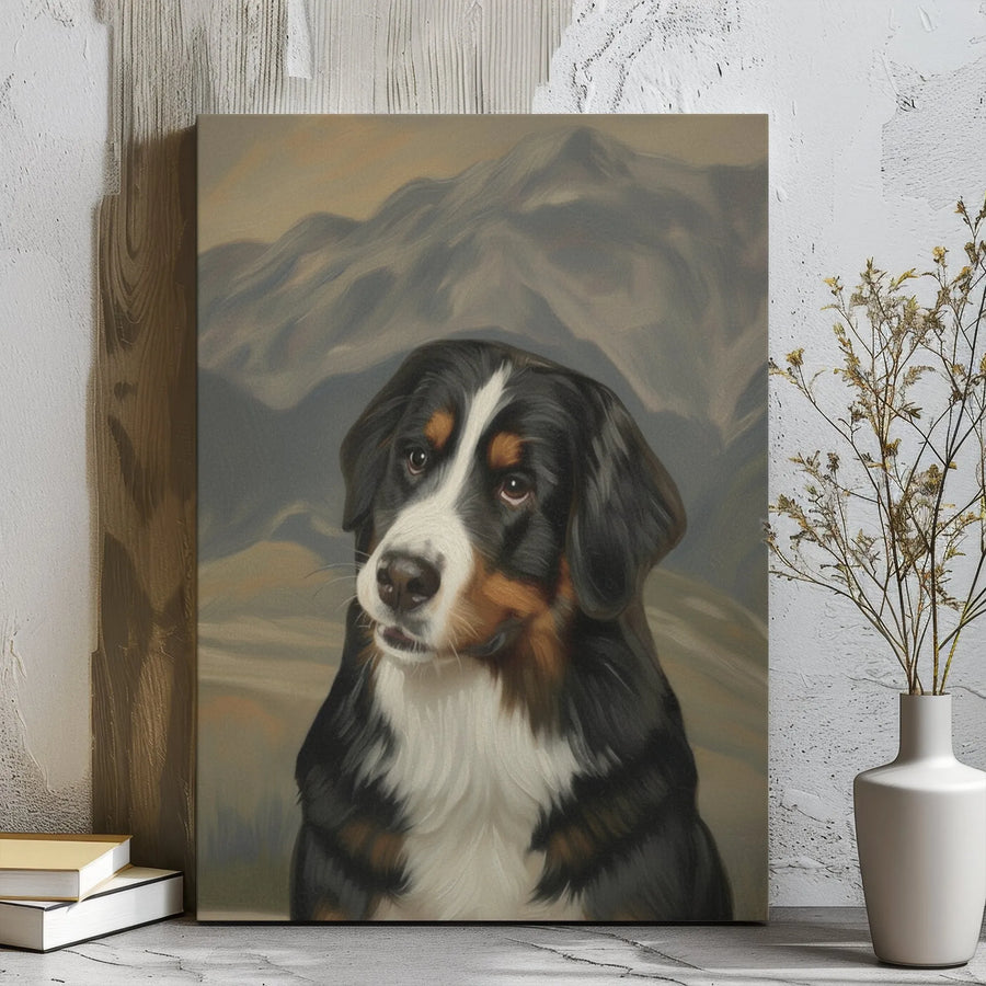 Bernese Mountain Dog Canvas Art | Realistic Portrait With Mountain Landscape | Gallery Wrap Premium Print | Dog Lover Gift Decor