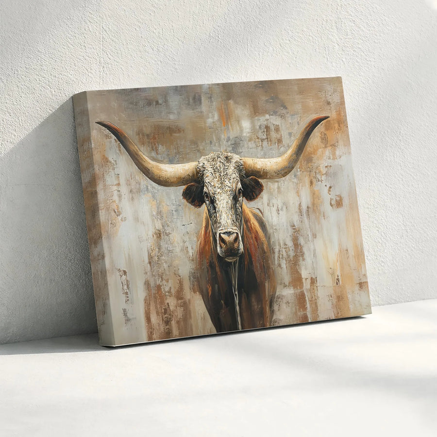 Texas Longhorn Canvas Wall Art | Rustic Textured Bull Painting | Premium Gallery Wrap Canvas | Western Farmhouse Decor Gift