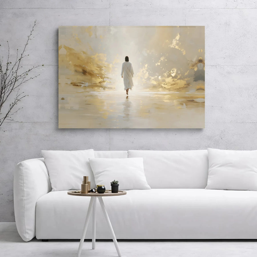 Jesus Walking On Water Canvas Wall Art | Abstract Gold Light Religious Print | Premium Gallery Wrap Decor | Inspirational Christian Home Gift