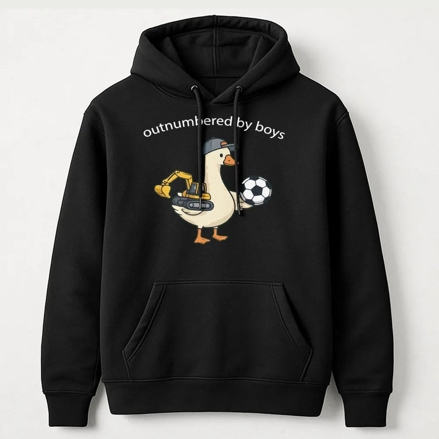 Funny Boy Mom Hoodie | Outnumbered By Boys Goose Graphic | Soft Cotton Unisex Tee | Mothers Day Gift for Soccer Moms