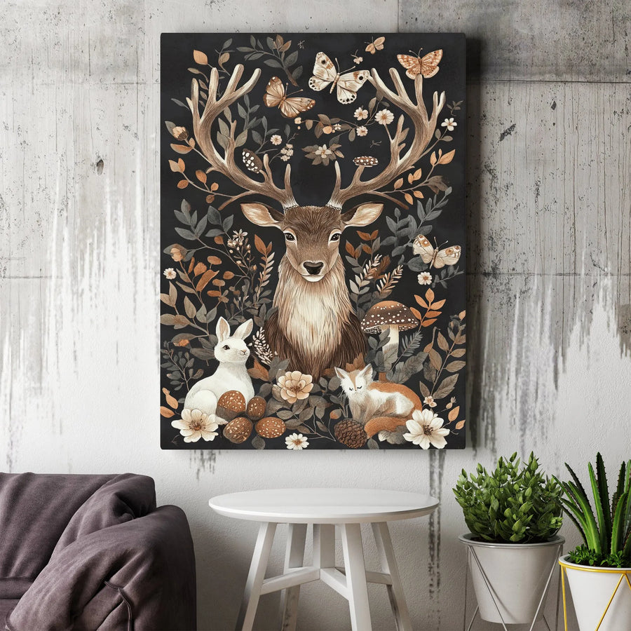 Woodland Deer Vertical Canvas | Forest Animals & Botanical Illustration | Premium Gallery Wrapped Canvas | Rustic Home Decor Gift