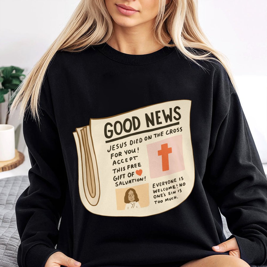 Good News Christian Sweatshirt | Vintage Newspaper Faith Graphic | Premium Cotton Blend | Religious Gift for Men and Women