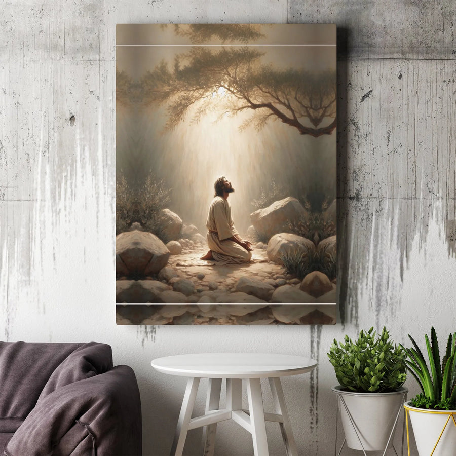Jesus Praying In Gethsemane Wall Art | Spiritual Light From Heaven Canvas Print | Premium Gallery-Wrapped Decor | Religious Christian Gift