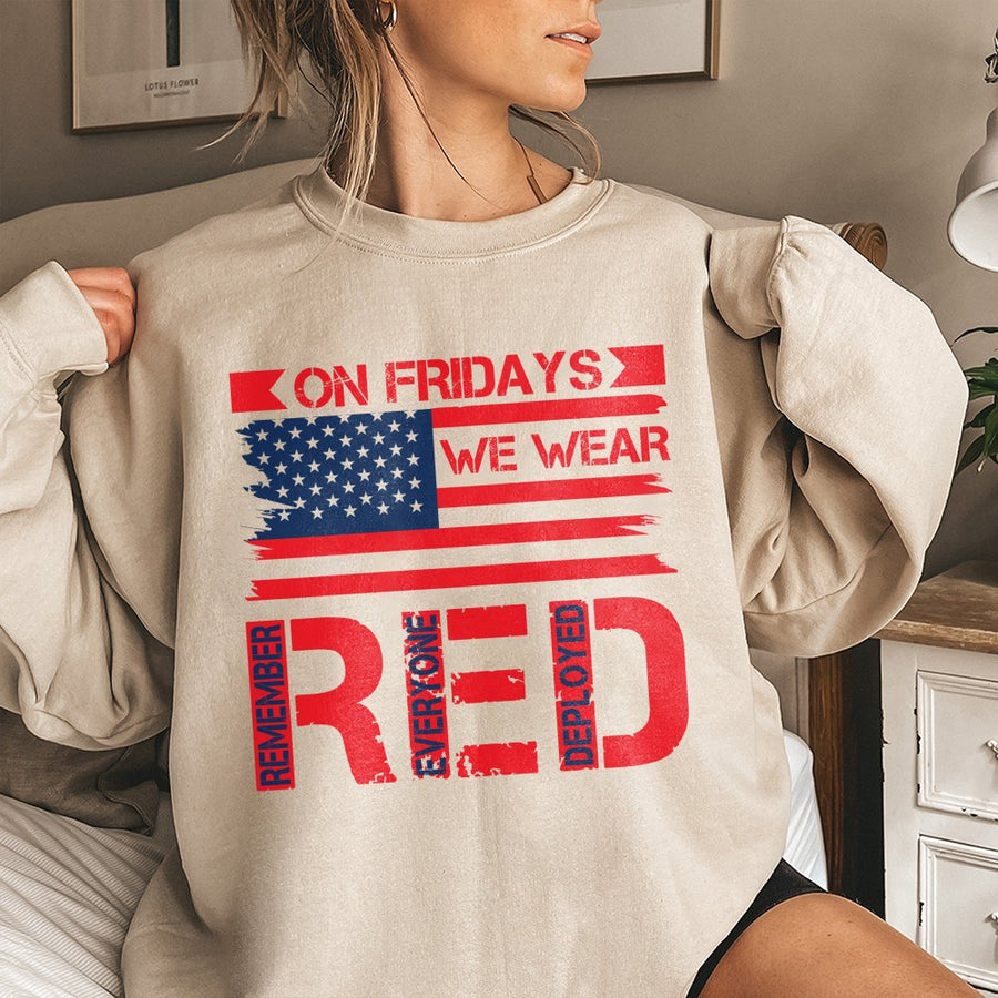 R.E.D. Friday Military Sweatshirt | Remember Everyone Deployed Patriotic Flag Design | Cotton Blend Crewneck | Gift For Veteran Or Army Family