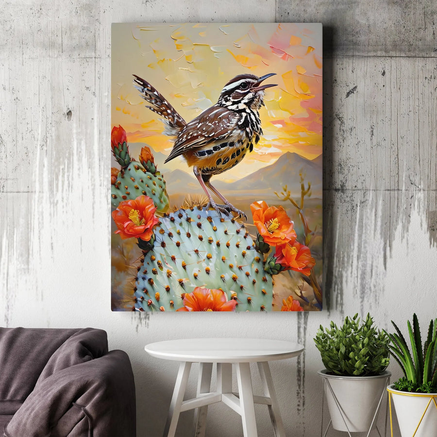 Cactus Wren Wall Art | Impasto Sunrise Desert Landscape Canvas | Premium Textured Gallery Wrap | Southwest Home Decor Gift