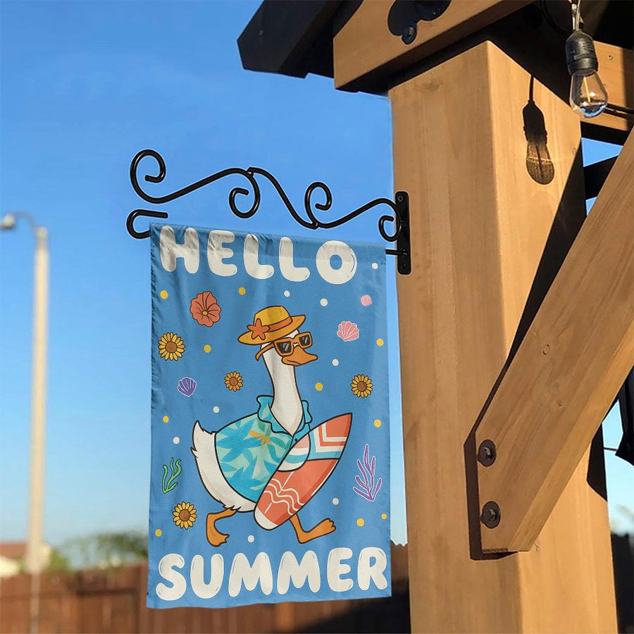 Hello Summer Garden Flag | Surfing Duck Tropical Beach Design | Premium Weather-Resistant Polyester | Vibrant Outdoor Backyard Decor Gift
