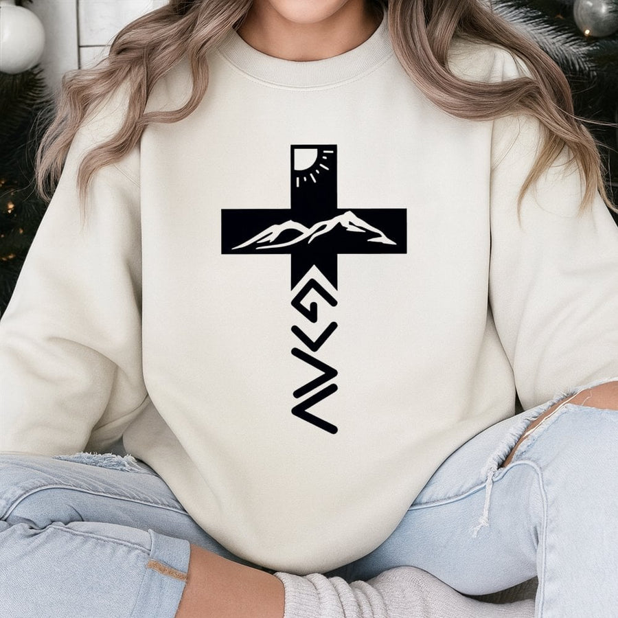 God Is Greater Than The Highs And Lows Sweatshirt | Mountain Cross Religious Graphic | Premium Cotton Blend | Christian Faith Gift For Men Women