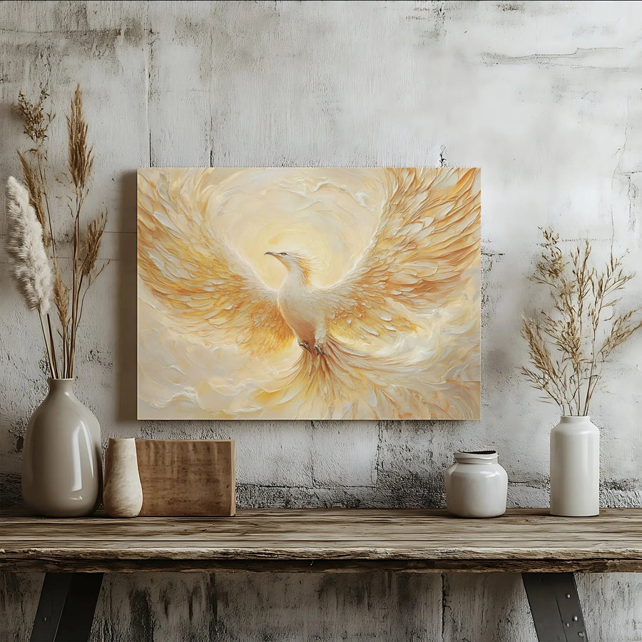 Rising Phoenix Canvas Wall Art | Golden Impasto Texture Print | Premium Gallery Wrapped Decor | Mythical Bird Spiritual Home Gift