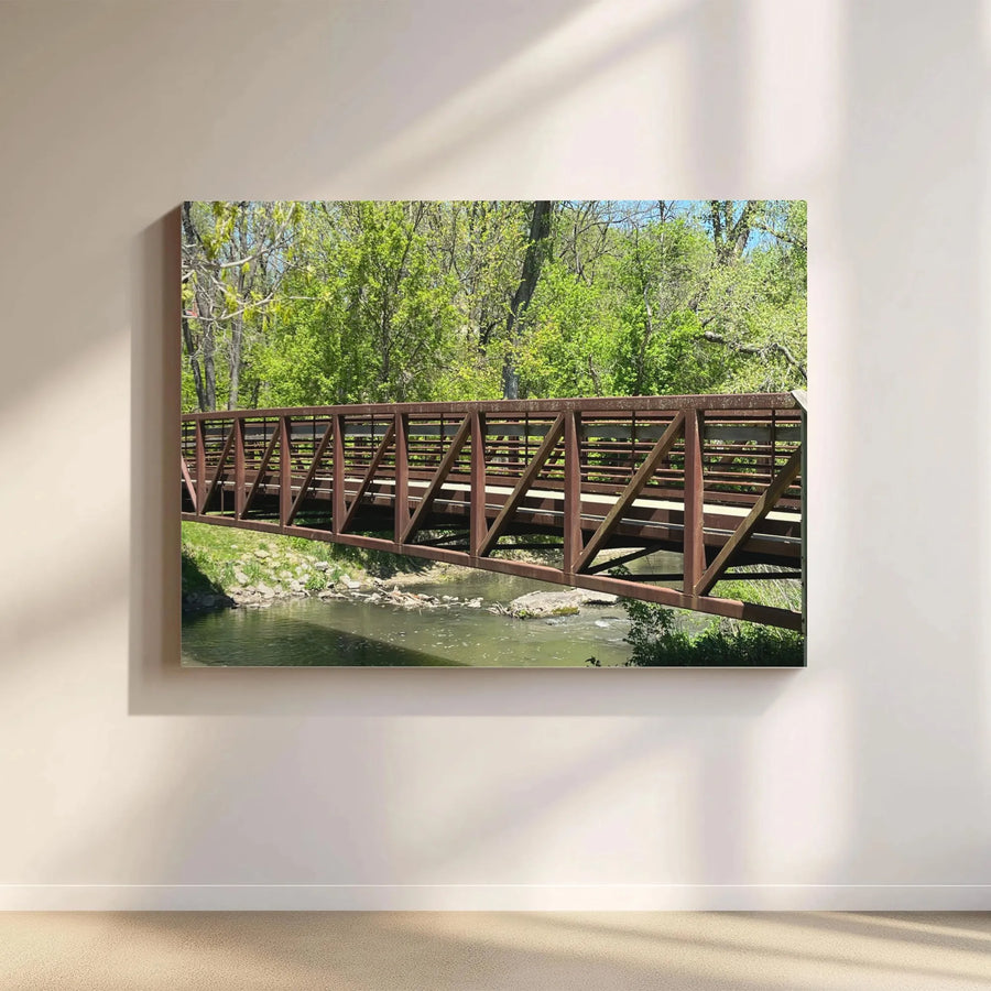 Truss Bridge Canvas Wall Art | Spring Forest Creek Photography | Premium Stretched Canvas | Rustic Farmhouse Decor Gift for Nature Lovers