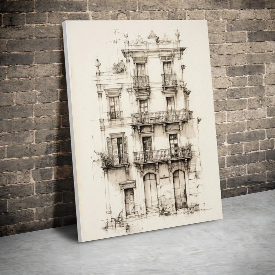 Architectural Building Sketch Canvas | Vintage European Townhouse Art Print | Premium 1.25" Thick Gallery Wrap | Sophisticated Home Decor Wall Art
