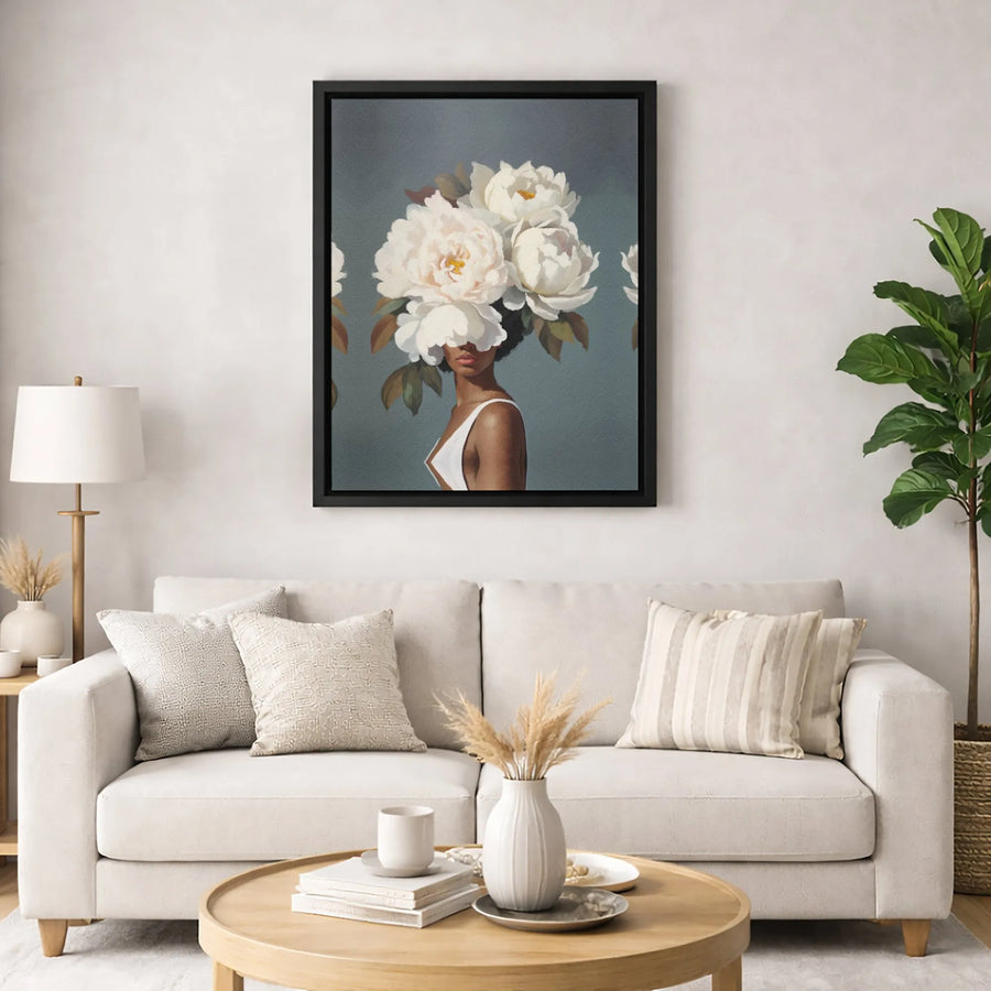Black Woman Portrait Canvas Art | White Peony Floral Headpiece | Premium 1.25" Gallery Wrap | Elegant Botanical Home Decor Gift