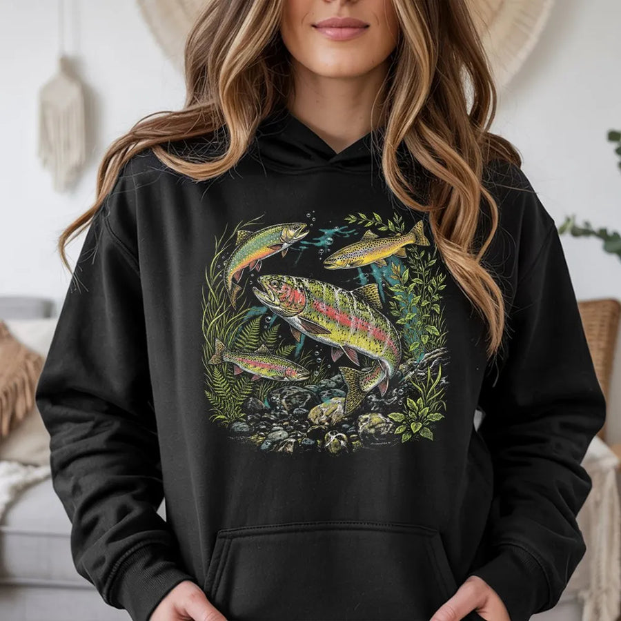 Rainbow Trout Hoodie | Vintage 90s River Wildlife Graphic | Cozy Crewneck Pullover | Gift for Angler, Fly Fishing Apparel