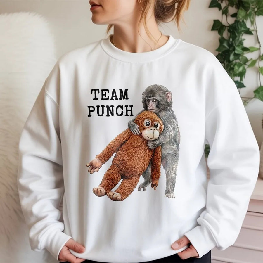 Team Punch Monkey Sweatshirt | Cute Baby Monkey Graphic Print | Premium Cotton Blend Crewneck | Funny Animal Lover Gift for Men Women