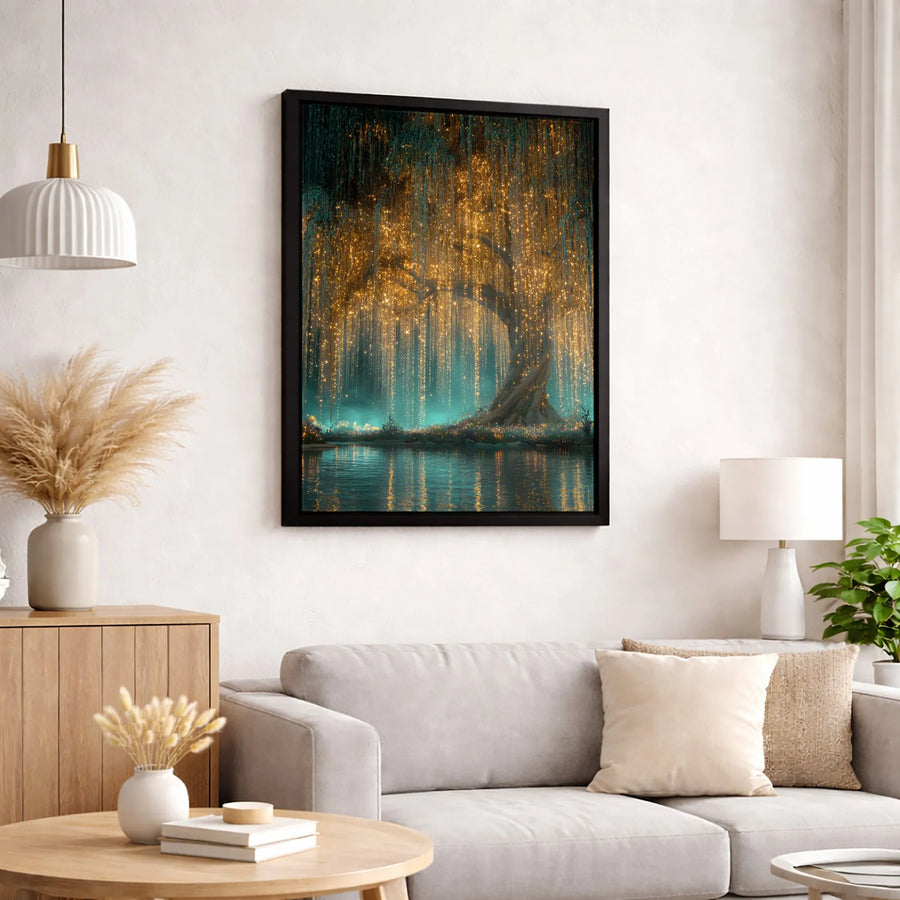 Magical Willow Tree Canvas Print | Cascading Fairy Lights Wall Art | Premium Fade-Resistant Decor | Enchanted Forest Landscape for Home