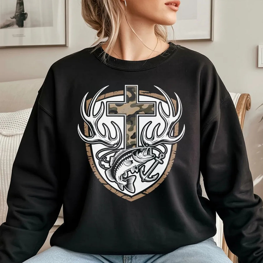 Christian Fishing Hunting Sweatshirt | Camo Cross with Bass & Antlers Graphic | Premium Cotton Blend | Gift for Religious Hunter Fisherman