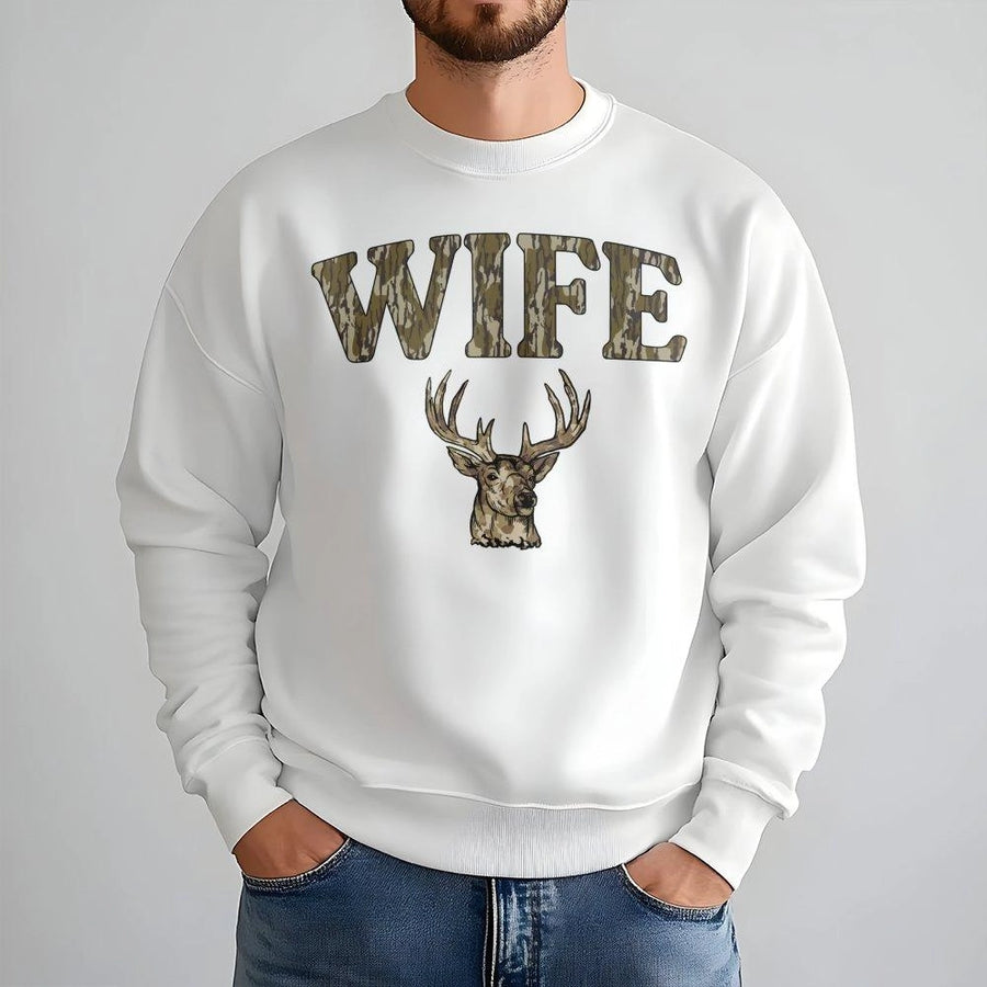 Wife Hunting Sweatshirt | Camo Deer Antler Print Design | Premium Soft Fleece Blend | Perfect Gift for Outdoorsy Women and Deer Hunting Season