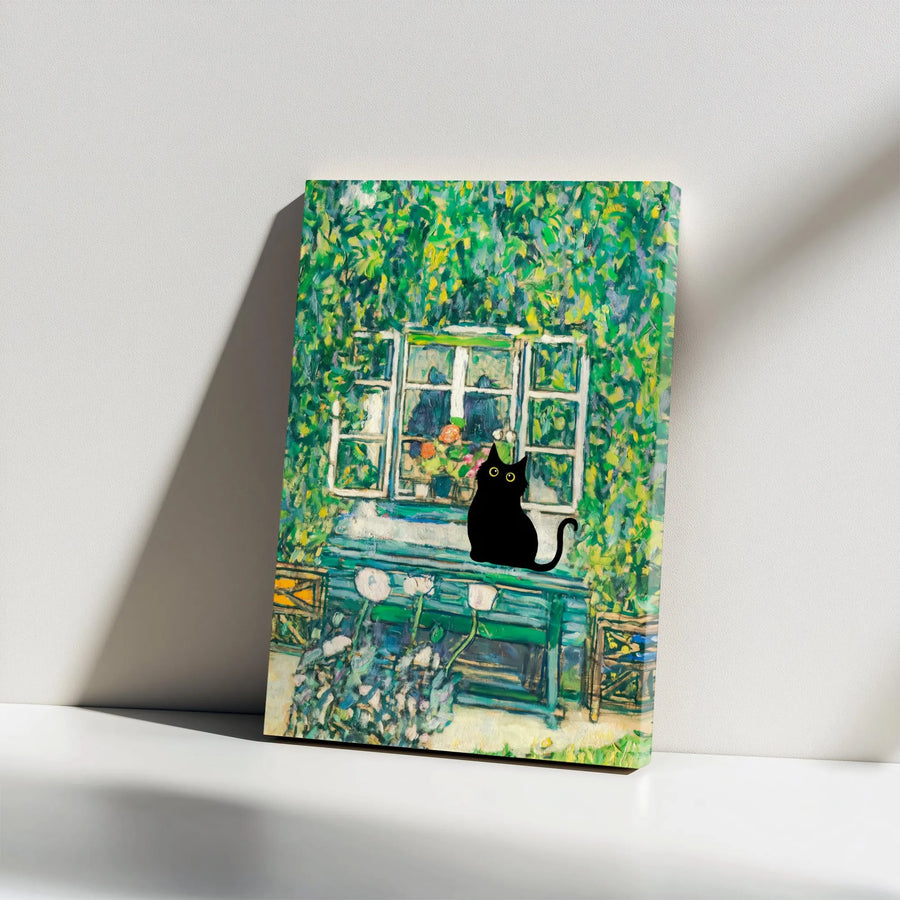 Black Cat Wall Art | Impressionist Windowsill Garden Painting | Premium Gallery Wrapped Canvas | Whimsical Home Decor Gift for Cat Lovers
