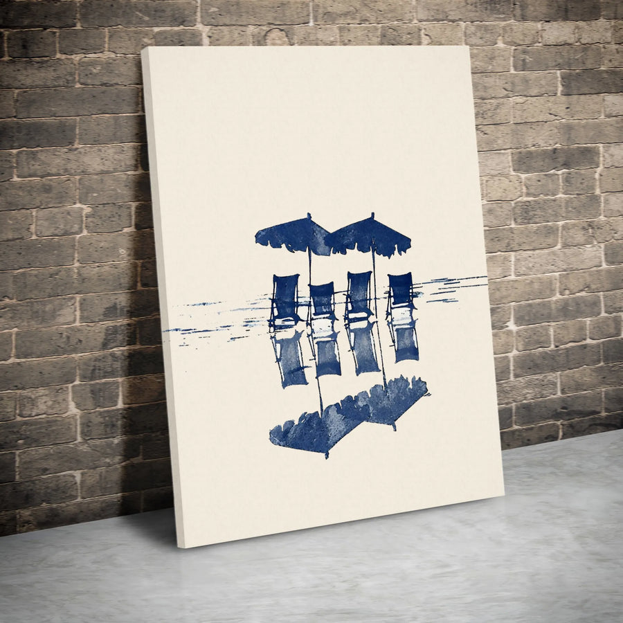 Coastal Beach Chairs Wall Art | Minimalist Blue Umbrella Reflection Print | Gallery-Quality 1.25-inch Canvas | Summer Home Decor Gift