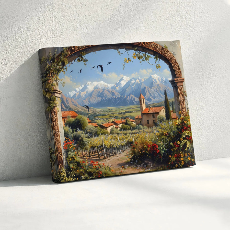 Tuscan Vineyard Canvas Wall Art | Italian Village Mountain View Through Archway | Premium Gallery Wrap Print | Mediterranean Home Decor Gift