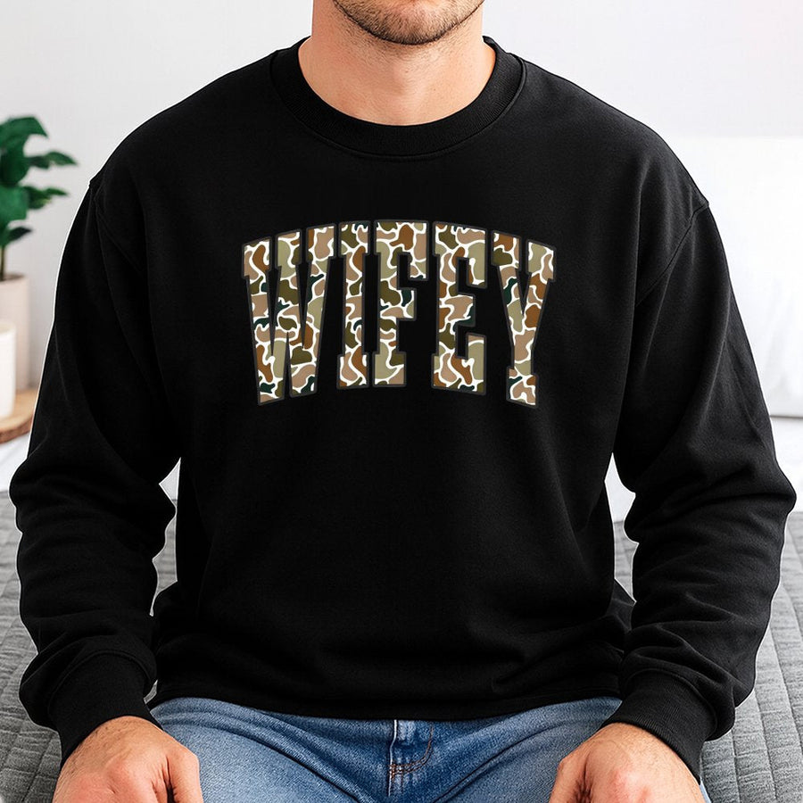 Wifey Sweatshirt | Camo Lettering Varsity Graphic | Soft Cotton Blend Crewneck | Trendy Bride Gift For Her Wedding Honeymoon Engagement