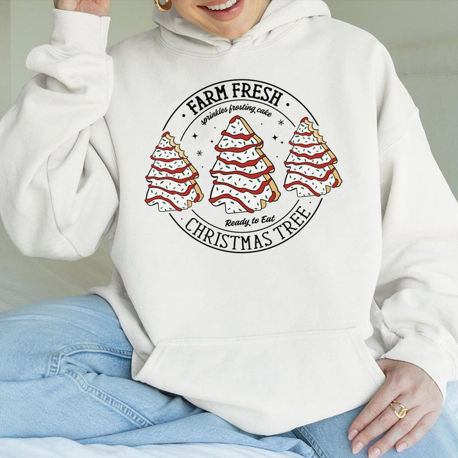 Farm Fresh Christmas Tree Cakes Hoodie | Retro Snack Graphic Sweatshirt | Premium Cotton Blend Pullover | Cute Holiday Gift for Snack Lovers