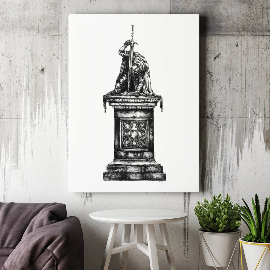 Kneeling Knight Canvas Art | Medieval Sword Gothic Ink Drawing | Gallery Quality Wrapped Print | Fantasy Decor Gift for History Buffs