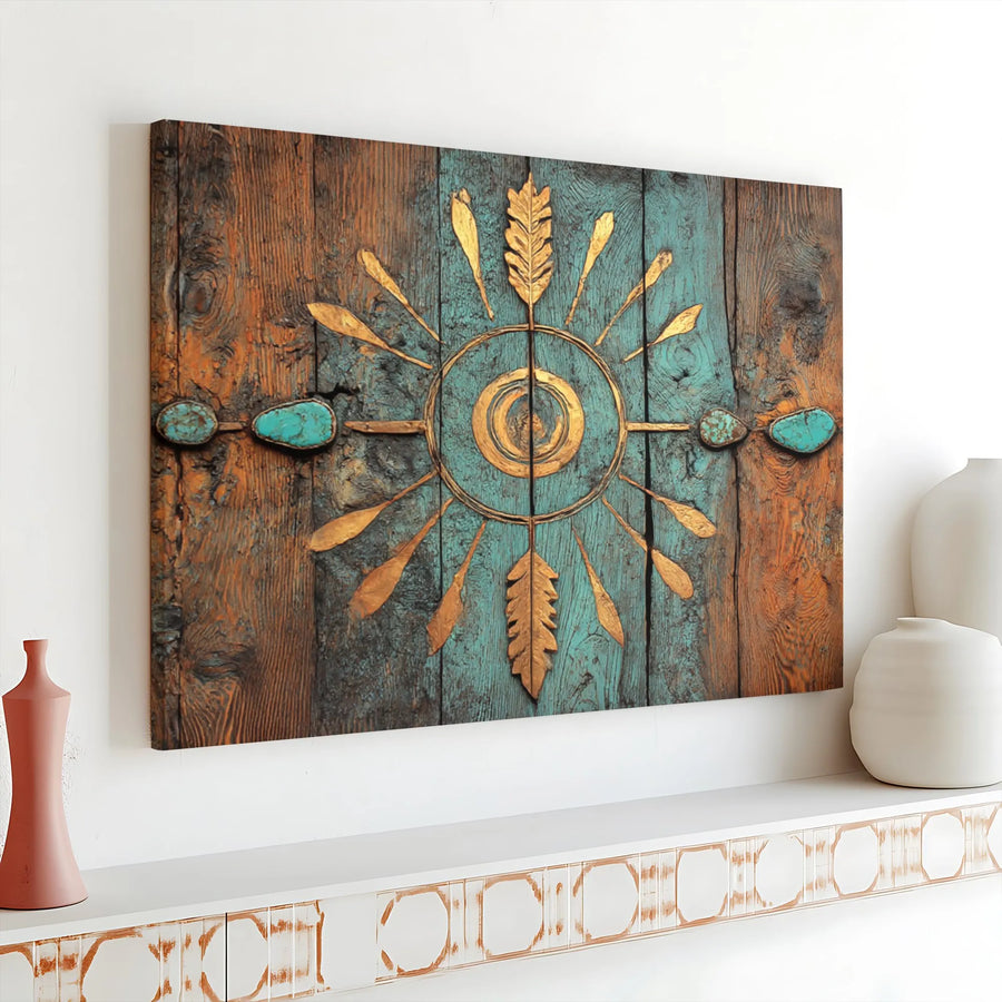 Southwestern Sun Canvas Print | Rustic Wood with Gold & Turquoise Medallion | Premium Gallery Wrap Canvas | Boho Living Room Decor Gift